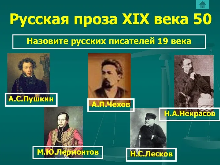 Русская проза ХIХ века 50 Назовите русских писателей 19 века А.С.Пушкин М.Ю.Лермонтов А.П.Чехов Н.С.Лесков Н.А.Некрасов