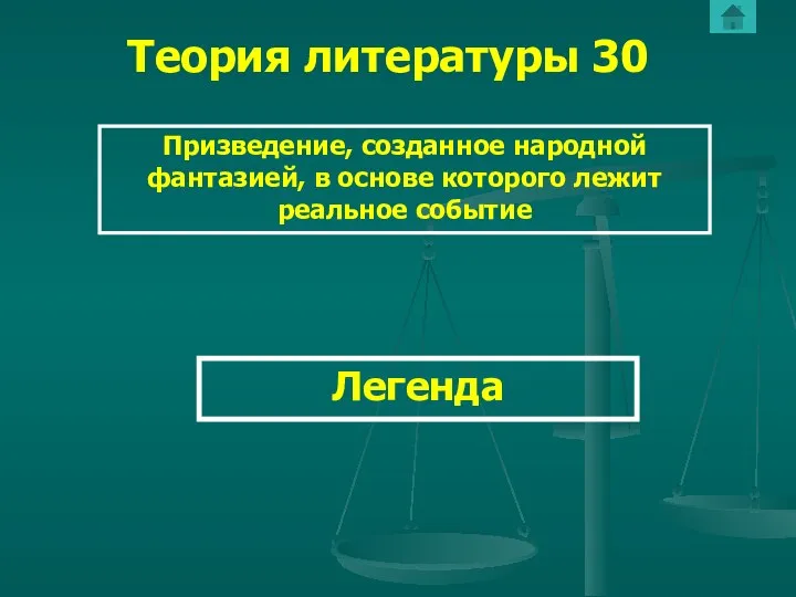 Теория литературы 30 Призведение, созданное народной фантазией, в основе которого лежит реальное событие Легенда