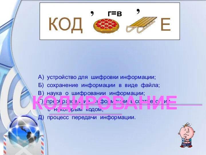 А) устройство для шифровки информации; Б) сохранение информации в виде файла; В)