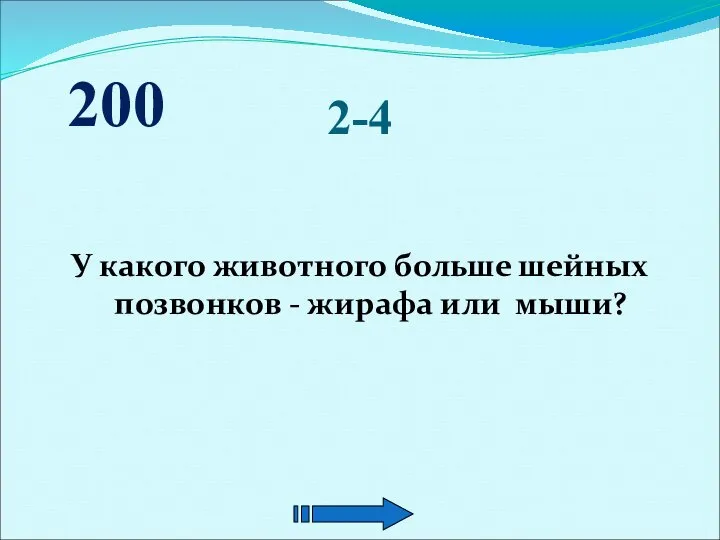 2-4 У какого животного больше шейных позвонков - жирафа или мыши? 200