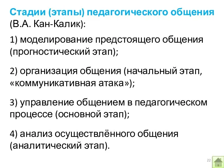 Стадии (этапы) педагогического общения (В.А. Кан-Калик): 1) моделирование предстоящего общения (прогностический этап);