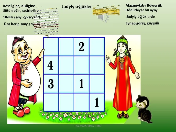 Keseligine, dikligine Sütünleýin, setirleýin. 10-luk sany çykarýandyr Üns berip sany goýsaň. Akpamykdyr