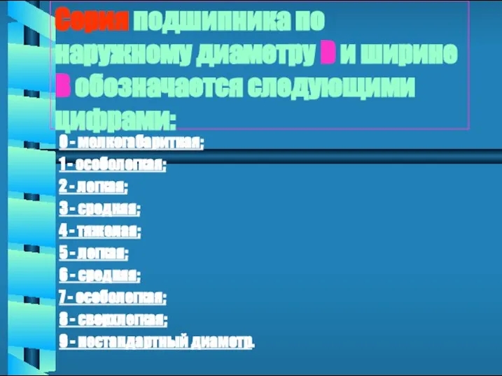 Серия подшипника по наружному диаметру D и ширине В обозначается следующими цифрами: