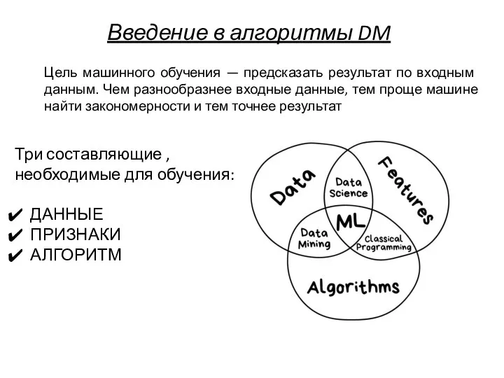 Введение в алгоритмы DM Цель машинного обучения — предсказать результат по входным