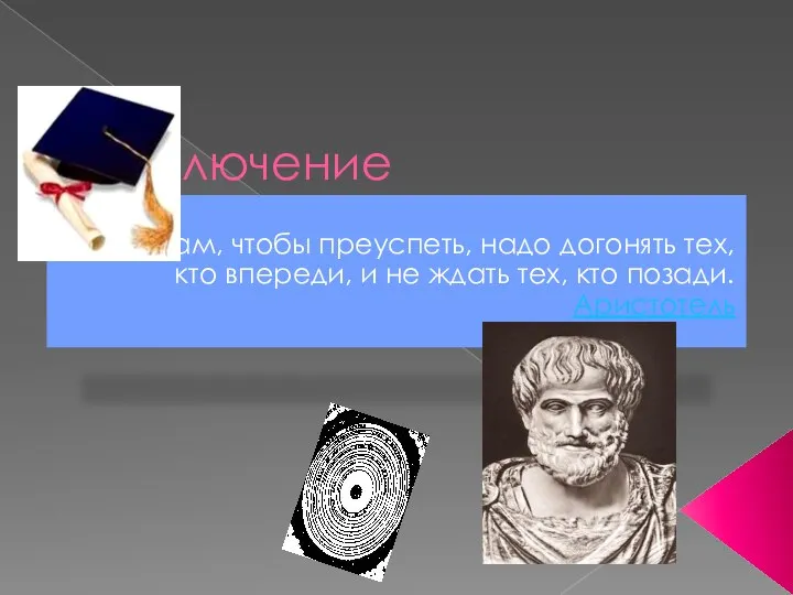 Заключение Ученикам, чтобы преуспеть, надо догонять тех, кто впереди, и не ждать тех, кто позади. Аристотель