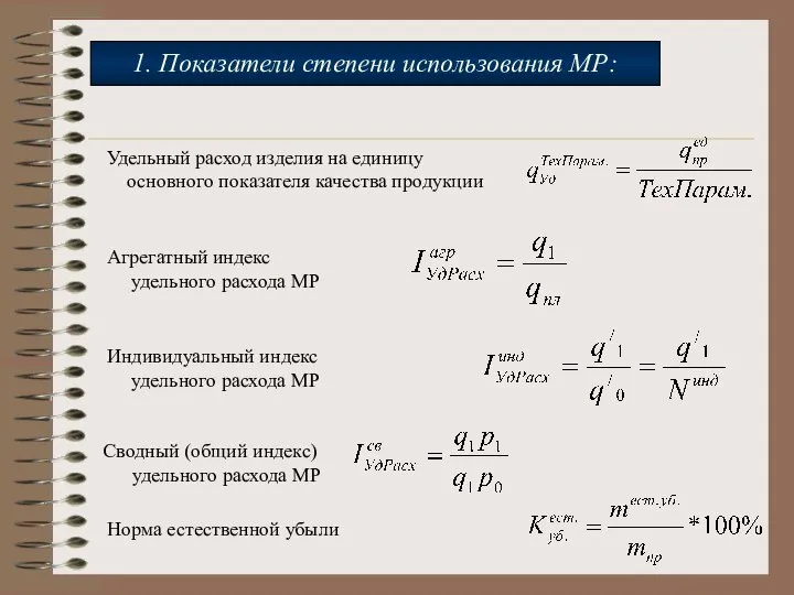 Удельный расход изделия на единицу основного показателя качества продукции Агрегатный индекс удельного