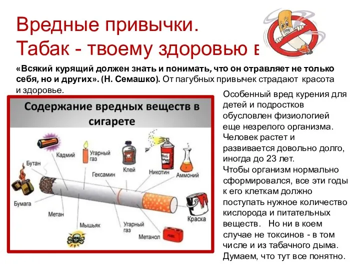 Вредные привычки. Табак - твоему здоровью враг! «Всякий курящий должен знать и