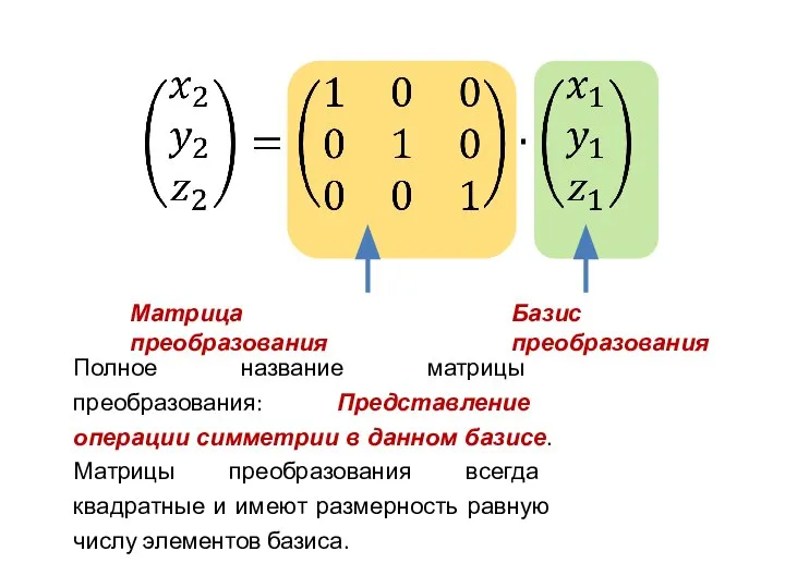 Матрица преобразования Базис преобразования Полное название матрицы преобразования: Представление операции симметрии в