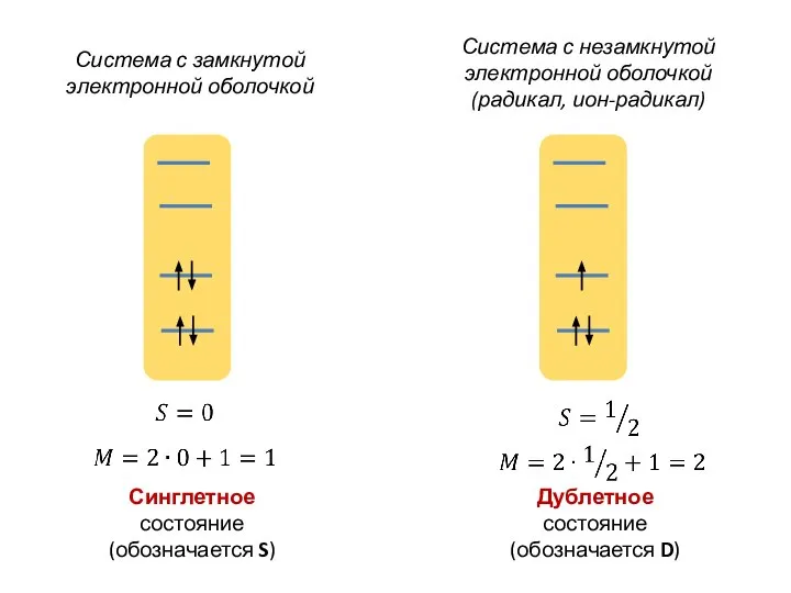 Система с замкнутой электронной оболочкой Система с незамкнутой электронной оболочкой (радикал, ион-радикал)