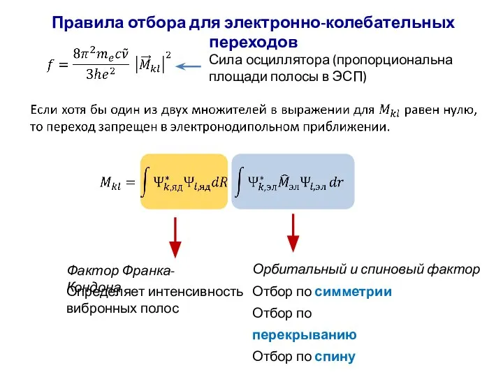 Правила отбора для электронно-колебательных переходов Фактор Франка-Кондона Отбор по симметрии Отбор по