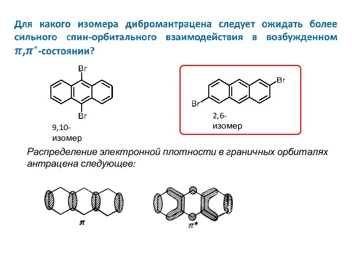 9,10-изомер 2,6-изомер Распределение электронной плотности в граничных орбиталях антрацена следующее: