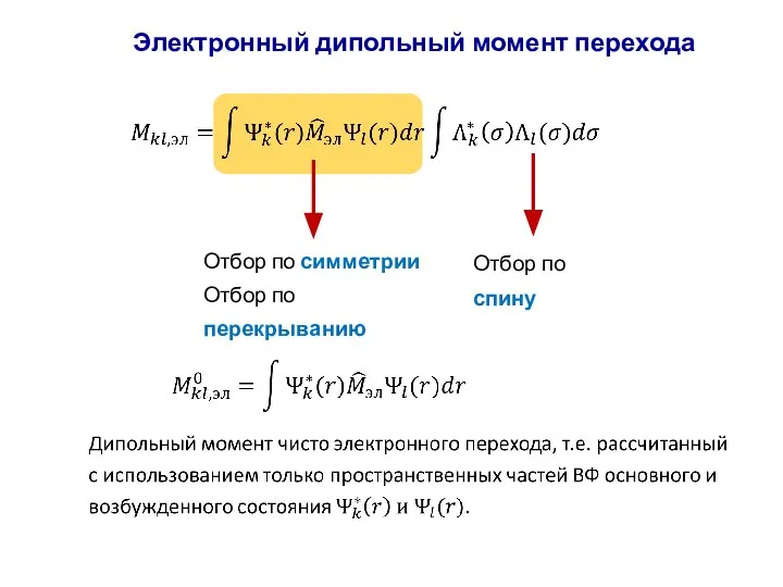 Электронный дипольный момент перехода Отбор по симметрии Отбор по перекрыванию Отбор по спину