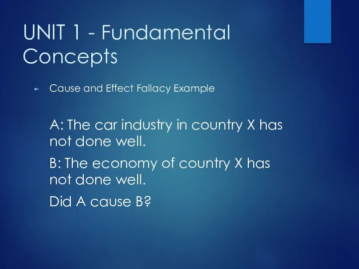 UNIT 1 - Fundamental Concepts Cause and Effect Fallacy Example A: The