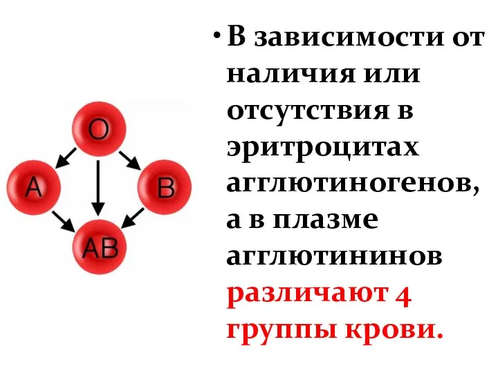 В зависимости от наличия или отсутствия в эритроцитах агглютиногенов, а в плазме