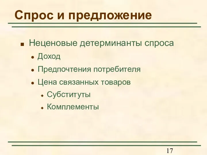 Спрос и предложение Неценовые детерминанты спроса Доход Предпочтения потребителя Цена связанных товаров Субституты Комплементы