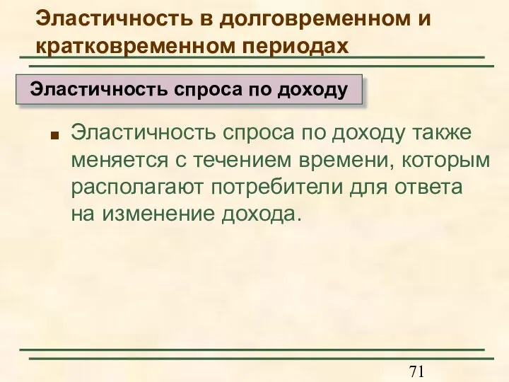 Эластичность спроса по доходу также меняется с течением времени, которым располагают потребители