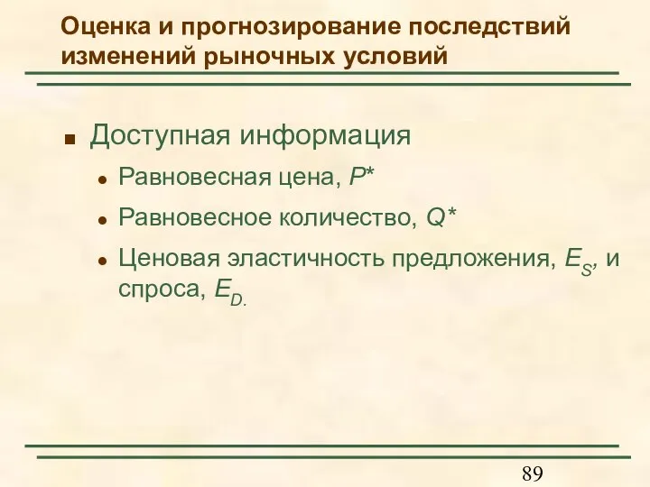 Доступная информация Равновесная цена, P* Равновесное количество, Q* Ценовая эластичность предложения, ES,