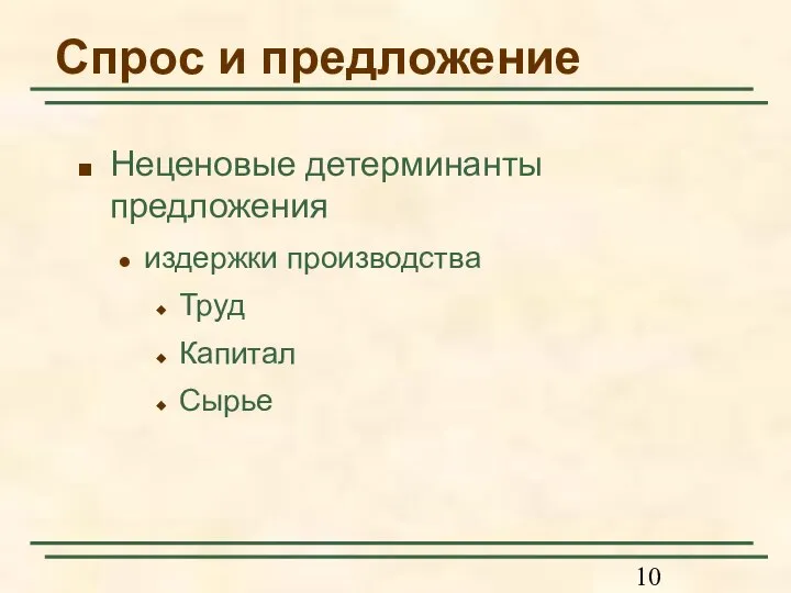 Спрос и предложение Неценовые детерминанты предложения издержки производства Труд Капитал Сырье