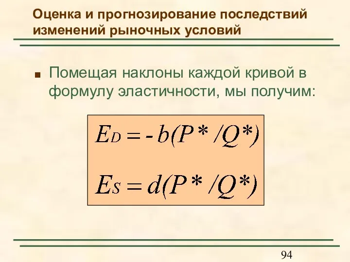 Помещая наклоны каждой кривой в формулу эластичности, мы получим: Оценка и прогнозирование последствий изменений рыночных условий