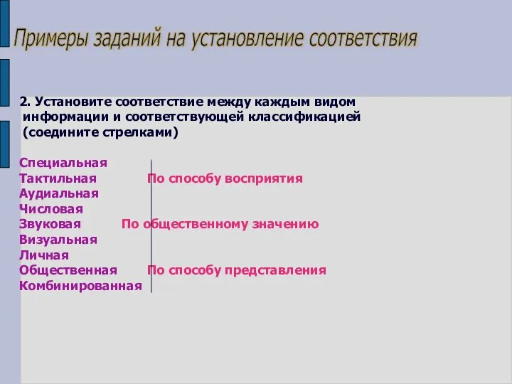 Примеры заданий на установление соответствия 2. Установите соответствие между каждым видом информации