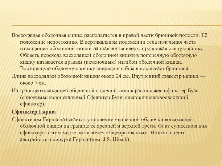 Восходящая ободочная кишка располагается в правой части брюшной полости. Её положение непостоянно.