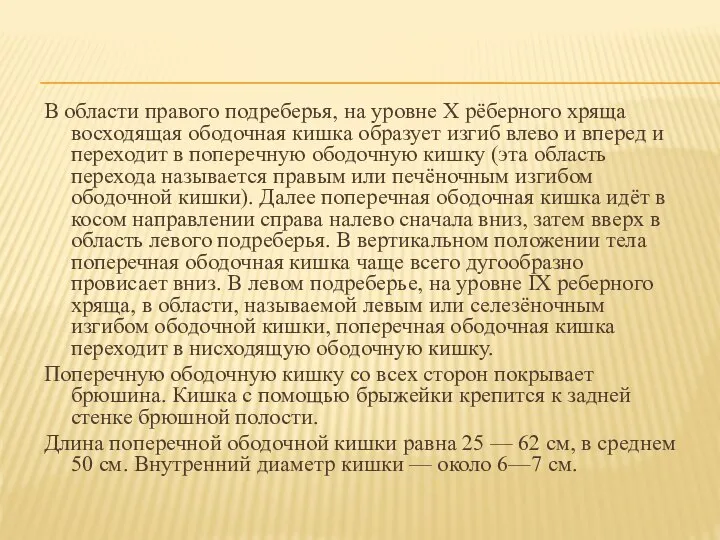 В области правого подреберья, на уровне Х рёберного хряща восходящая ободочная кишка