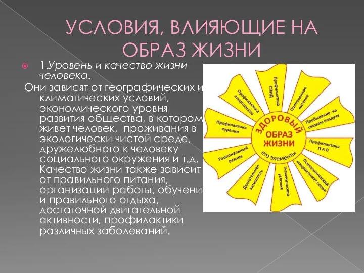 УСЛОВИЯ, ВЛИЯЮЩИЕ НА ОБРАЗ ЖИЗНИ 1.Уровень и качество жизни человека. Они зависят