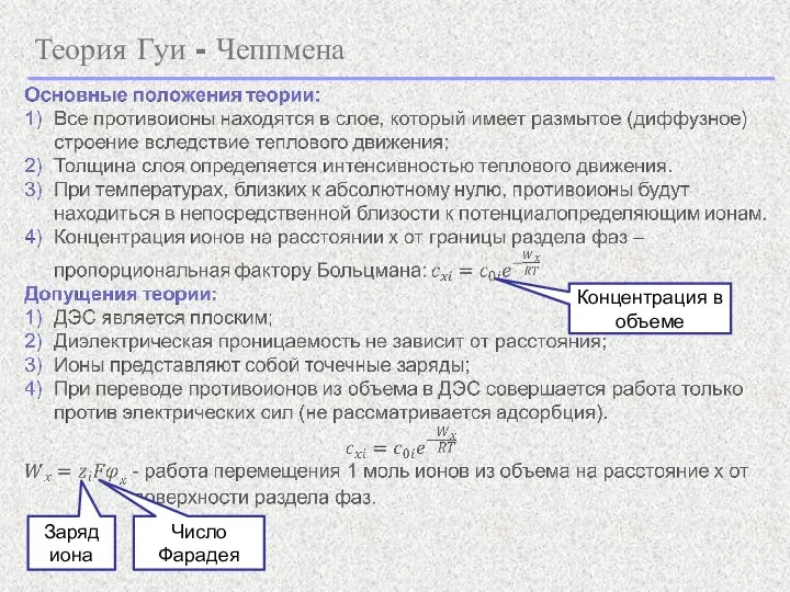 Теория Гуи - Чеппмена Концентрация в объеме Заряд иона Число Фарадея