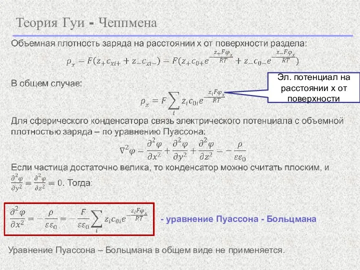 Теория Гуи - Чеппмена Эл. потенциал на расстоянии x от поверхности -