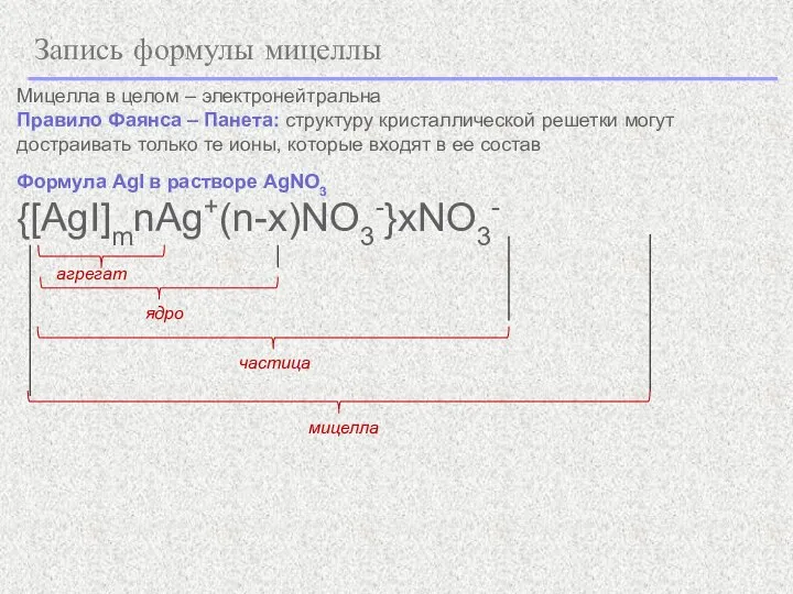 Запись формулы мицеллы Мицелла в целом – электронейтральна Правило Фаянса – Панета: