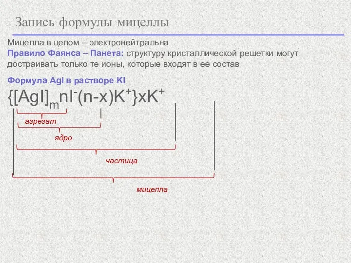 Запись формулы мицеллы Мицелла в целом – электронейтральна Правило Фаянса – Панета: