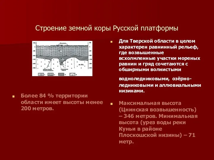Строение земной коры Русской платформы Для Тверской области в целом характерен равнинный