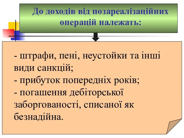 До доходів від позареалізаційних операцій належать: - штрафи, пені, неустойки та інші