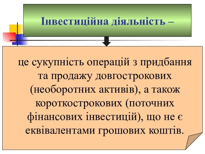 Інвестиційна діяльність – це сукупність операцій з придбання та продажу довгострокових (необоротних