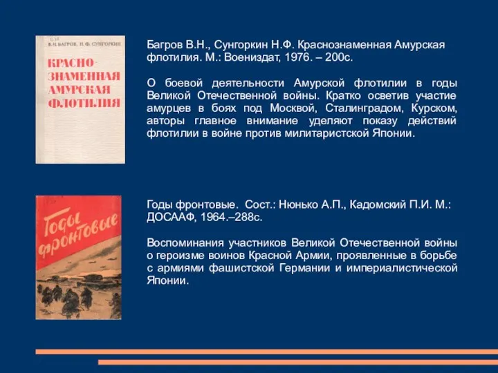 Багров В.Н., Сунгоркин Н.Ф. Краснознаменная Амурская флотилия. М.: Воениздат, 1976. – 200с.