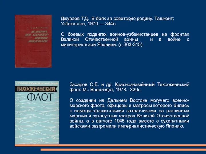 Джураев Т.Д. В боях за советскую родину. Ташкент: Узбекистан, 1970 — 344с.