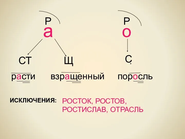 а о Р Р СТ Щ С расти взращенный поросль ИСКЛЮЧЕНИЯ: РОСТОК, РОСТОВ, РОСТИСЛАВ, ОТРАСЛЬ