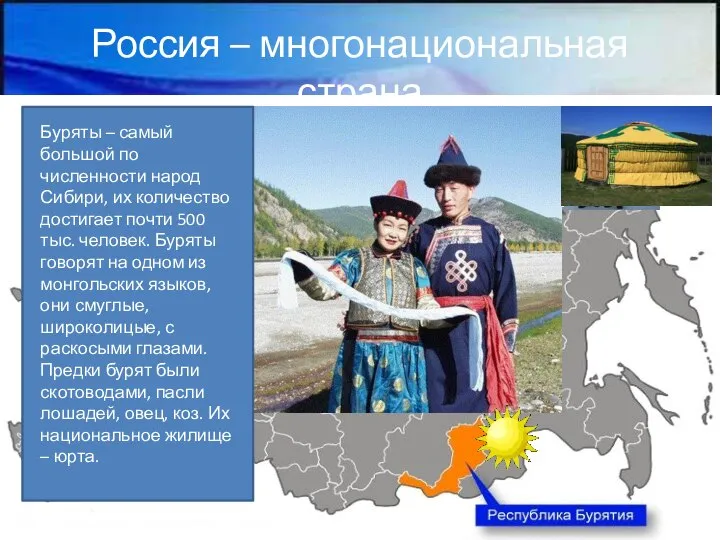 Россия – многонациональная страна Буряты – самый большой по численности народ Сибири,