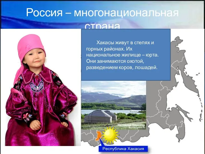 Россия – многонациональная страна Хакасы живут в степях и горных районах. Их