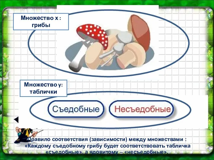 Правило соответствия (зависимости) между множествами : «Каждому съедобному грибу будет соответствовать табличка