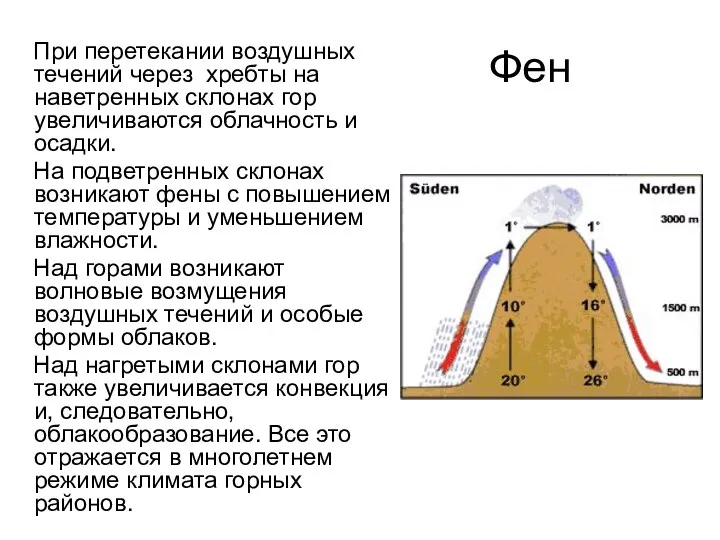 Фен При перетекании воздушных течений через хребты на наветренных склонах гор увеличиваются