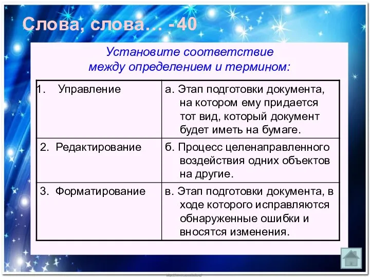 Слова, слова… - 40 Установите соответствие между определением и термином: