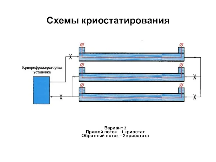 Схемы криостатирования Вариант 2 Прямой поток – 1 криостат Обратный поток – 2 криостата