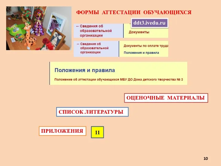 ФОРМЫ АТТЕСТАЦИИ ОБУЧАЮЩИХСЯ ddt3.ivedu.ru ОЦЕНОЧНЫЕ МАТЕРИАЛЫ СПИСОК ЛИТЕРАТУРЫ ПРИЛОЖЕНИЯ 11