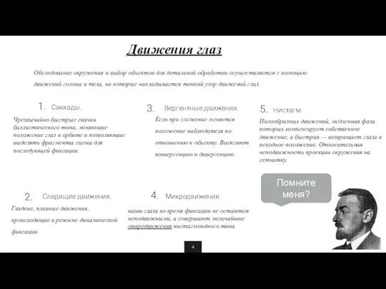 Движения глаз Саккады. Следящие движения. Гладкие, плавные движения, происходящие в режиме динамической