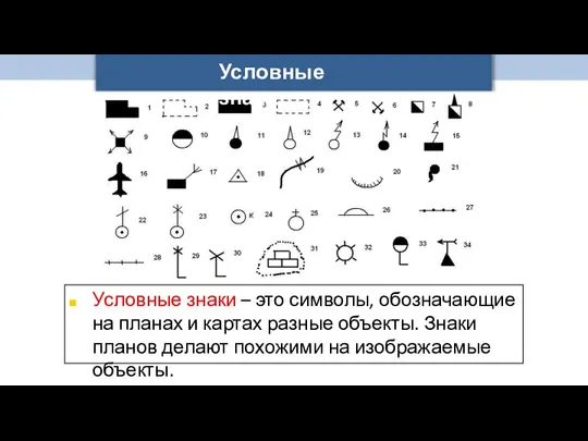 Условные знаки Условные знаки – это символы, обозначающие на планах и картах