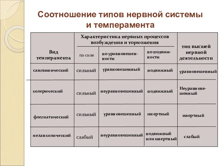 Соотношение типов нервной системы и темперамента Вид темперамента Характеристика нервных процессов возбуждения