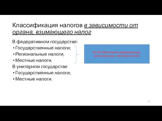 Классификация налогов в зависимости от органа, взимающего налог В федеративном государстве: Государственные