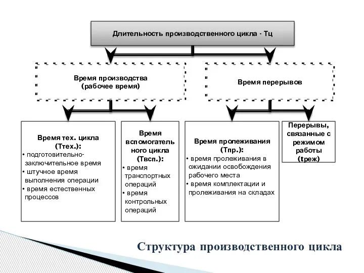 Структура производственного цикла Длительность производственного цикла - Тц Время производства (рабочее время)