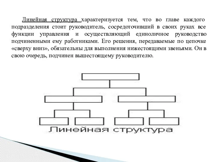 Линейная структура характеризуется тем, что во главе каждого подразделения стоит руководитель, сосредоточивший